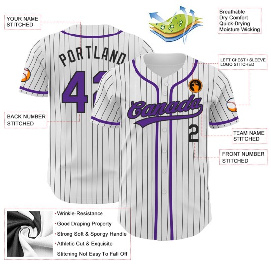 Authentisches Lila Baseball-Trikot mit weißen Nadelstreifen und schwarzem Authentisches Lila Baseball-Trikot mit weißen Nadelstreifen und schwarzem