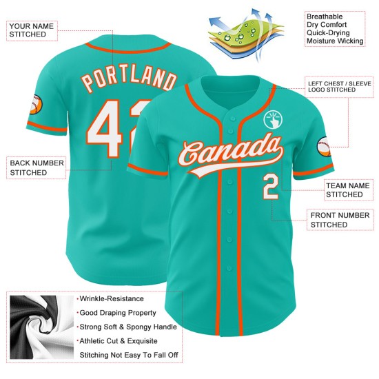 Authentisches Weiß-Orange Custom Jersey Baseball Aqua Authentisches Weiß-Orange Custom Jersey Baseball Aqua