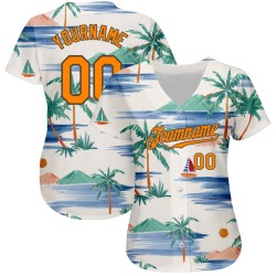 Creme Orange-Olive Strand Muster Jersey Insel Design Kokosnuss Authentische Palmen Bucht Und 3D Custom Segelboot Baseball