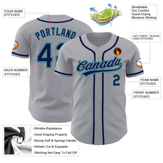 Custom Baseball Jersey Authentic Grau Navy-Blaugrün Custom Baseball Jersey Authentic Grau Navy-Blaugrün