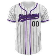 Authentisches Lila Baseball-Trikot mit weißen Nadelstreifen und schwarzem