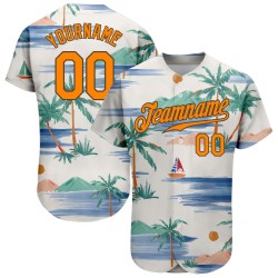 Creme Orange-Olive Strand Muster Jersey Insel Design Kokosnuss Authentische Palmen Bucht Und 3D Custom Segelboot Baseball