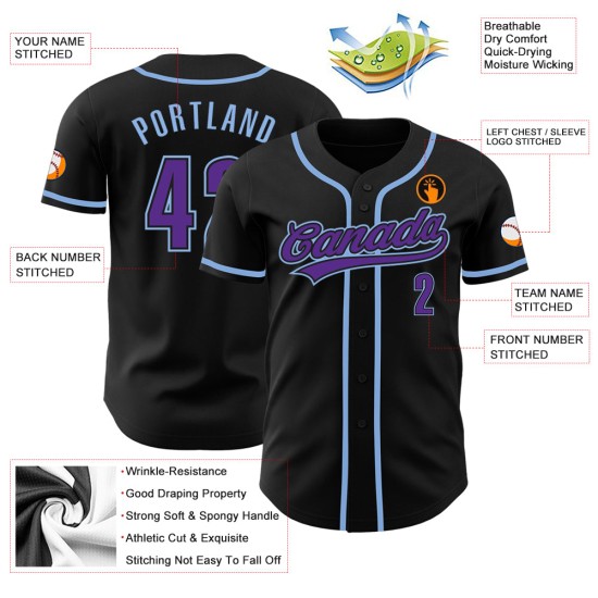 Lila-Hell Custom Jersey Blau Baseball Schwarz Authentic Lila-Hell Custom Jersey Blau Baseball Schwarz Authentic