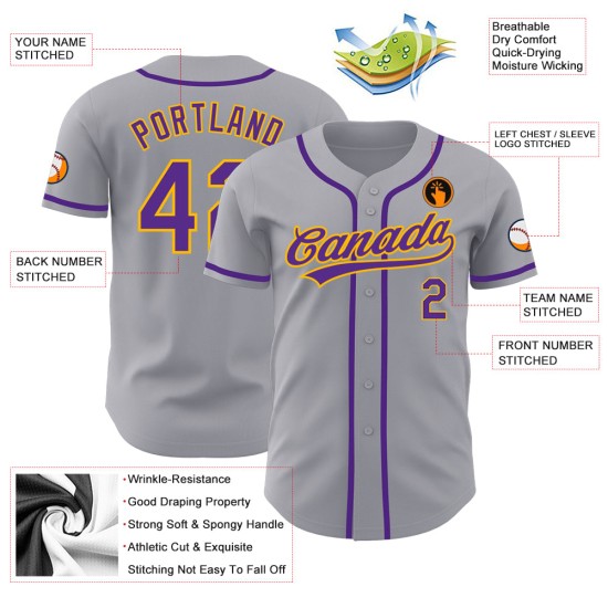 Graues, individuelles authentisches lila-goldenes Baseballtrikot Graues, individuelles authentisches lila-goldenes Baseballtrikot