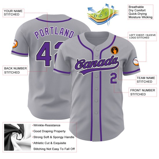Benutzerdefiniertes Lila-Schwarzes Authentic Gray Baseball Trikot Benutzerdefiniertes Lila-Schwarzes Authentic Gray Baseball Trikot